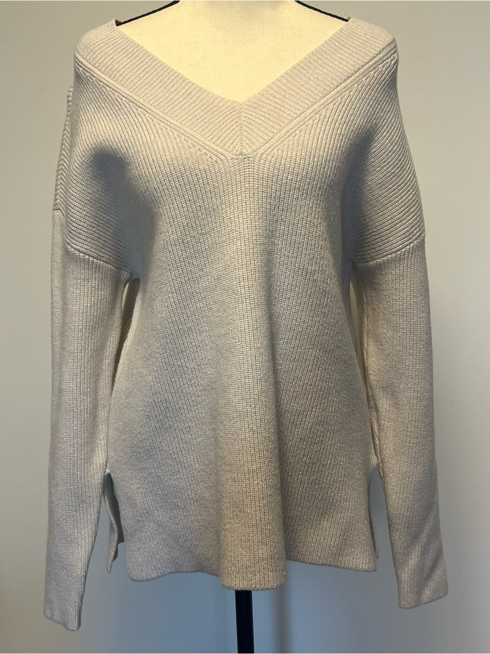 Hilary Radley Cream V-Neck Rib-Trim Sweater